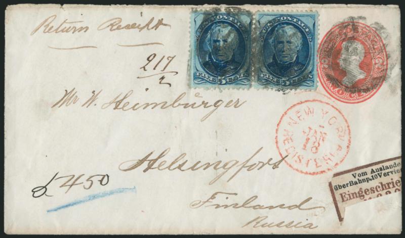 3c Green, 5c Blue (158, 179).> 5c horizontal pair used with 3c on back, all tied by very worn state of a <New York Foreign Mail> cancel (type cannot be determined) on <registered 2c Vermilion entire to
Helsingfors, Finland,> red New York Registered