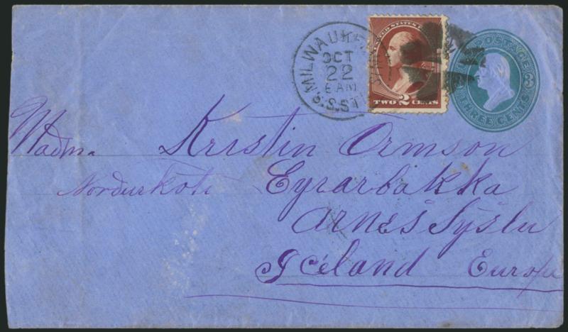 2c Deep Red Brown (210).> First printing, tied by quartered cork cancel and Milwaukee Wis. S.S.Sta. Oct. 22 6AM (1883) datestamp on 3c Green on Blue entire <to Eyrarbakka, Iceland,> Reykyavik receiving
backstamp, slightly reduced at left, Fine, fir