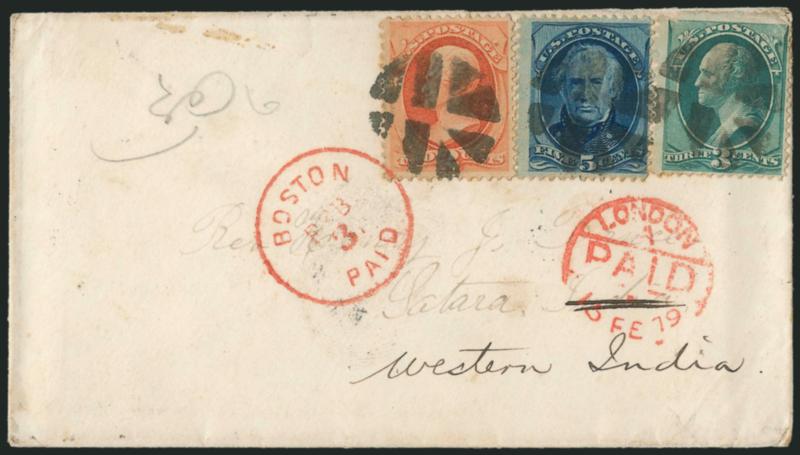 2c Vermilion, 3c Green, 5c Blue (158, 178, 179).> 2c and 3c on intermediate paper, tied by odd-shaped segmented cork cancel, red Boston Paid Feb. 3 (1879) circular datestamp on cover <to Satara, India,> red
London Paid transit datestamp, Sea Post