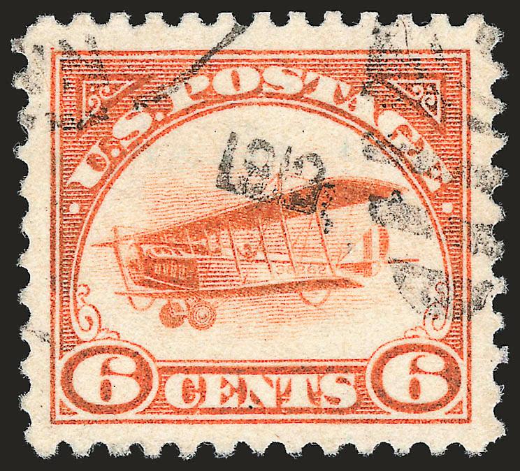 6c Orange, 1918 Air Post (C1).> Perfectly centered with wide margins, bright and fresh, choice centering with wide even margins, light 1919 duplex cancel, Extremely Fine Gem