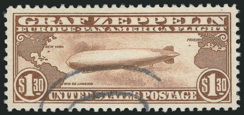 $1.30 Graf Zeppelin (C14).> Perfectly centered with huge margins all around, crisp impression, neat cancel leaves design clearly visible<><>^EXTREMELY FINE GEM. A GORGEOUS USED EXAMPLE OF THE $1.30 GRAF ZEPPELIN
ISSUE, WHICH HAS BEEN GRADED SUPERB