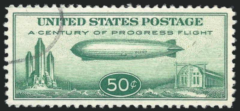 50c Chicago Zeppelin (C18).> Brilliant color, beautiful centering with wide and balanced margins, unobtrusive oval cancel struck at top left, Extremely Fine Gem
