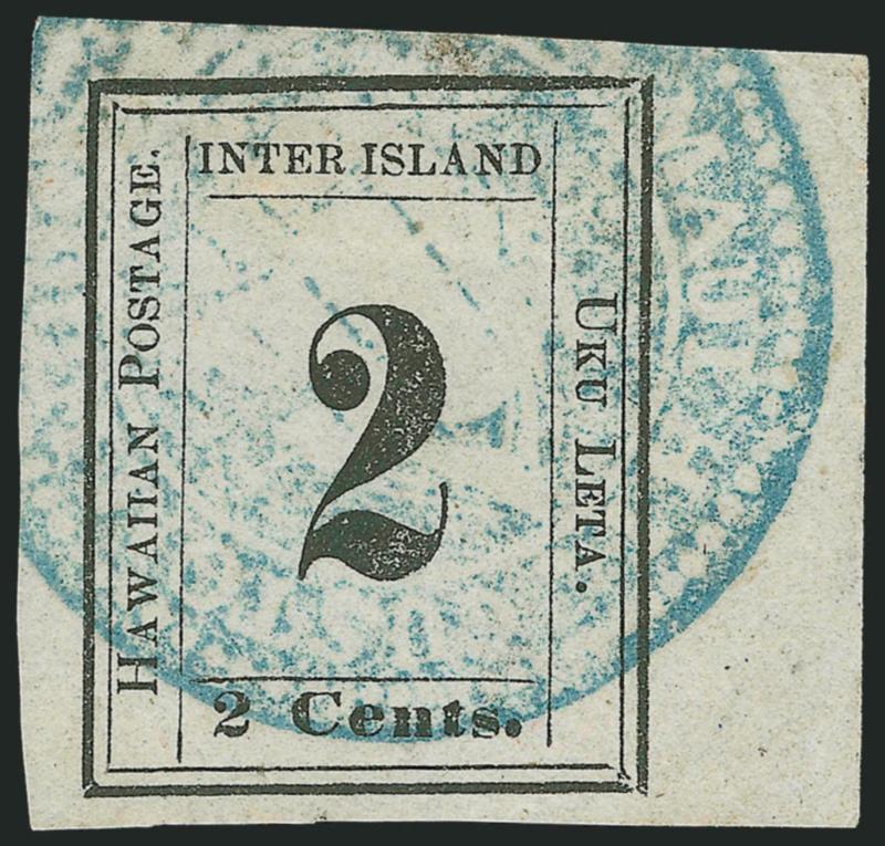 1863, 2c Black, Grayish (16).> Plate 3-E, Type VI (Westerberg Pos. 6), huge margins all around, well-struck <blue Lahaina Customs House Full-Rigged Ship> negative seal handstamp (M-H 303), faint corner crease at
top right in margin<><>^EXTREMELY FI