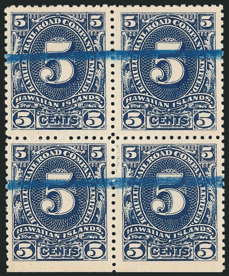 Kahului Railroad, 5c Deep Blue, Schmidt Printing (157).> Block of four, natural s.e. at bottom, two neat blue crayon cancels, Very Fine-Extremely Fine, a pretty block