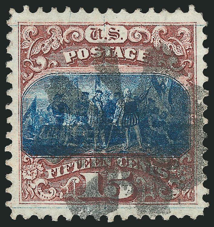 15c Brown & Blue, Ty. I (118).> Beautiful centering with unusually wide margins all around, bright colors as fresh as the day they were printed, clearly-defined grill, bold strike of rosette cancel<><>^EXTREMELY
FINE. A HUGE USED EXAMPLE OF THE 15-