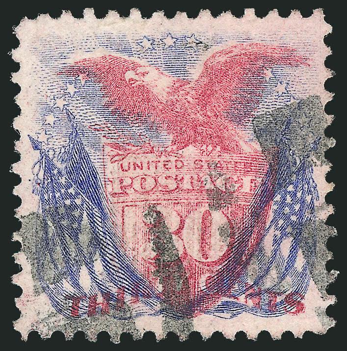 30c Ultramarine & Carmine (121).> Bright colors, wide and well-proportioned margins, unusual cork cancel which leaves the design clearly visible, Extremely Fine, a beautiful stamp, with 2000 P.F.
certificate