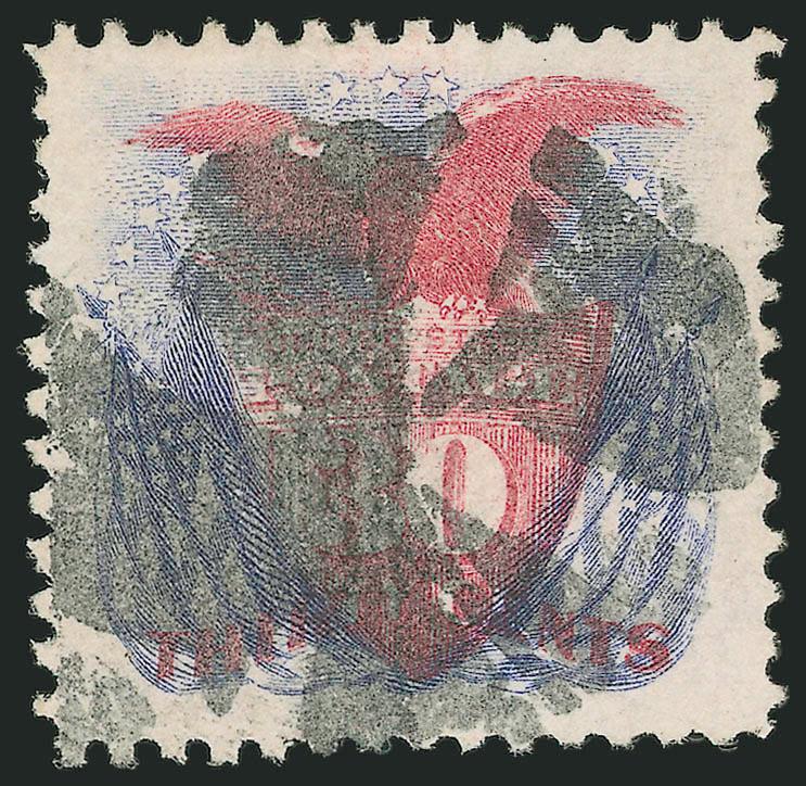 30c Ultramarine & Carmine, Double Grill (121 var).> Perfectly centered with wide margins, bold strike of propeller-style cork cancel, both grills clearly visible (though one is slightly fainter)<><>^EXTREMELY
FINE GEM. THIS IS UNDOUBTEDLY THE FINES