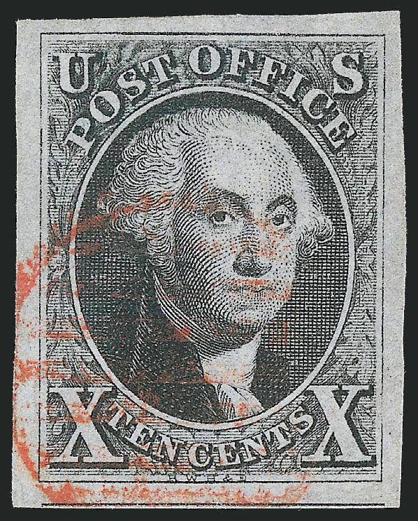 10c Black (2).> Huge margins all around incl. part of adjoining stamp at bottom, bright shade and crisp impression showing every detail of the engraving, light strike of red grid cancel<><>^EXTREMELY FINE GEM. A
SUPERB USED EXAMPLE OF THE 10-CENT 1