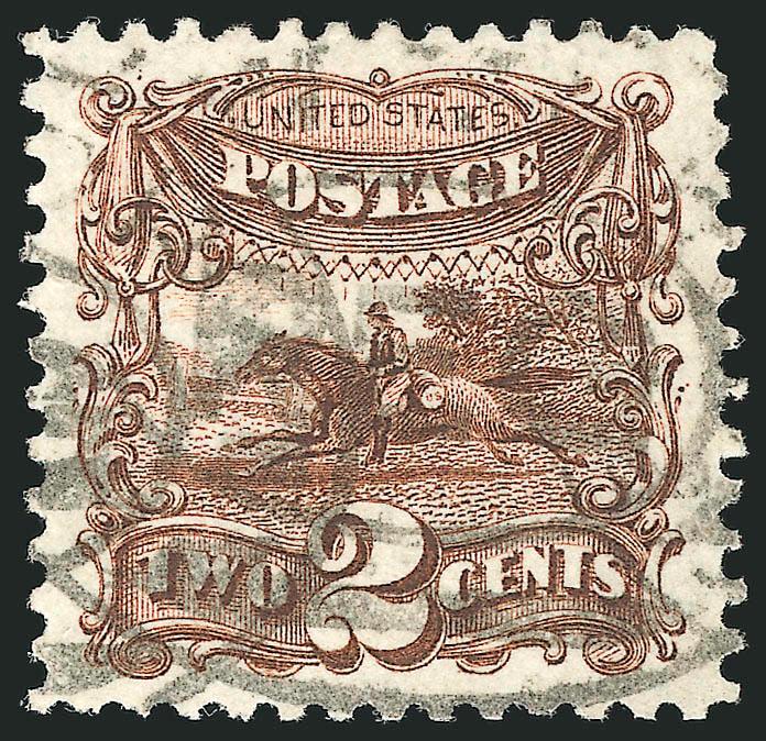 2c Brown, Re-Issue (124).> Perfectly centered with immense even margins, bold double registry ovals, dark color on bright white paper<><>^EXTREMELY FINE GEM. A BEAUTIFUL USED EXAMPLE OF THE 2-CENT 1869 RE-ISSUE,
AND EASILY ONE OF THE FINEST IN EXIS