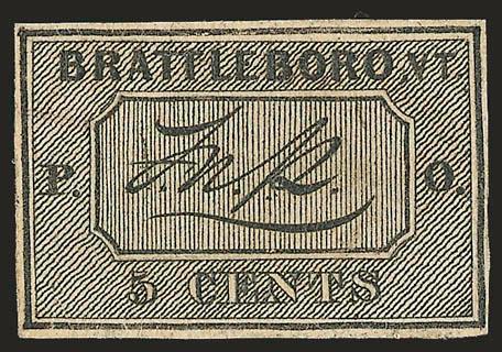 Brattleboro Vt., 5c Black on Buff (5X1).> Position 2, large margins with full framelines complete on all four sides, lightly cancelled by pen (almost appears unused), slight trace of thinning at
center<><>^EXTREMELY FINE APPEARANCE. AN ATTRACTIVE E