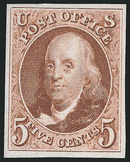 5c Red Brown, Reproduction (3).> Without gum as issued, large even margins all around, brilliant color, Extremely Fine, with 1990 P.F. certificate