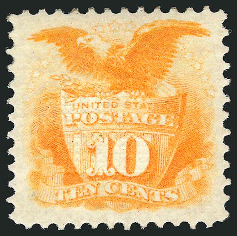10c Yellow (116).> Original gum, single hinge mark, vivid color without any trace of the oxidation that can plague this issue, wide margins<><>^VERY FINE AND CHOICE ORIGINAL-GUM EXAMPLE OF THE 10-CENT 1869
PICTORIAL ISSUE.^<><>With 1994 P.F. cert