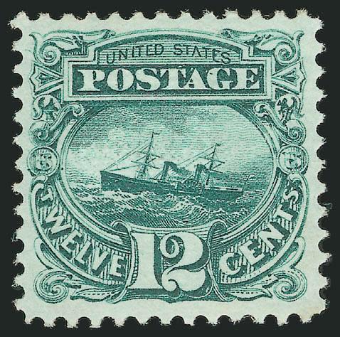 12c Green (117).> Original gum, lightly hinged, choice centering with balanced margins all around, deep rich color and intense proof-like impression on fresh paper<><>^EXTREMELY FINE. A GORGEOUS EXAMPLE OF THE
12-CENT 1869 PICTORIAL ISSUE -- ONE OF