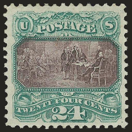 24c Green & Violet (120).> Original gum, lightly hinged, strong grill impression, rich colors on bright paper, choice centering<><>^EXTREMELY FINE. A BEAUTIFUL ORIGINAL-GUM EXAMPLE OF THE 24-CENT 1869 PICTORIAL
ISSUE. SCARCE IN THIS SUPERIOR GRADE.