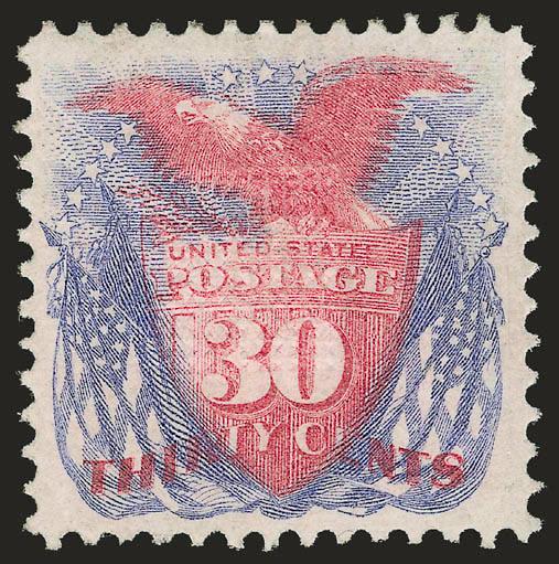 30c Ultramarine & Carmine (121).> Original gum, intense colors, exceptionally well-centered with nicely balanced margins all around<><>^EXTREMELY FINE GEM. A SUPERB ORIGINAL-GUM EXAMPLE OF THE 30-CENT 1869
PICTORIAL ISSUE. A WONDERFUL STAMP IN TERM