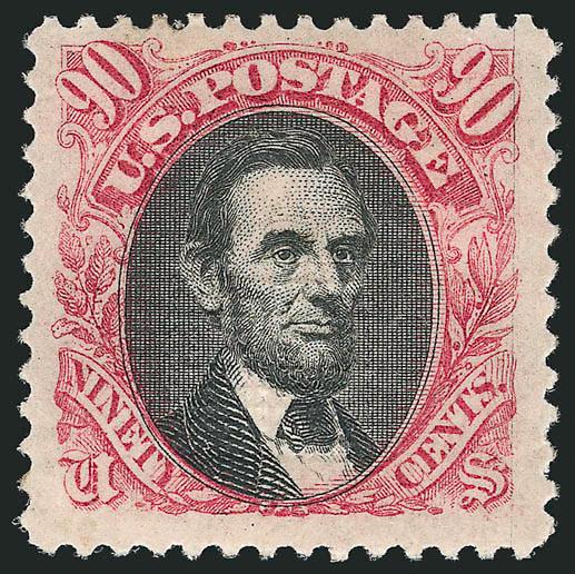 90c Carmine & Black (122).> Original gum, intense colors and proof-like impressions, attractive centering for this difficult issue<><>^VERY FINE. THERE ARE FEW SURVIVING SOUND VERY FINE ORIGINAL-GUM EXAMPLES OF
THE 90-CENT 1869 PICTORIAL ISSUE.^<>