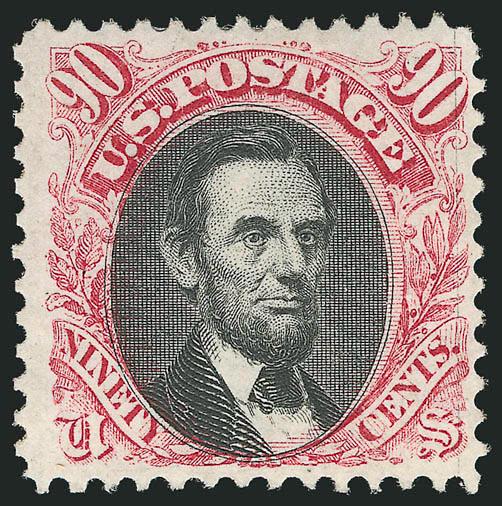 90c Carmine & Black, Without Grill (122a).> Fresh original gum, intense colors and proof-like impressions<><>^VERY FINE. AN EXTREMELY RARE EXAMPLE OF THE 90-CENT 1869 PICTORIAL ISSUE WITHOUT GRILL. ONLY 23
EXAMPLES HAVE BEEN CERTIFIED AS GENUINE BY
