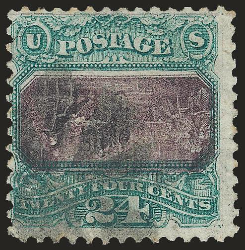24c Green & Violet, Center Inverted (120b).> Deep rich colors, cork cancel, two small tears, small filled-in thin spot at right<><>^FINE APPEARING EXAMPLE OF THE 24-CENT 1869 WITH INVERTED CENTER.^<><>Our
published 1869 Invert census (with unpubl
