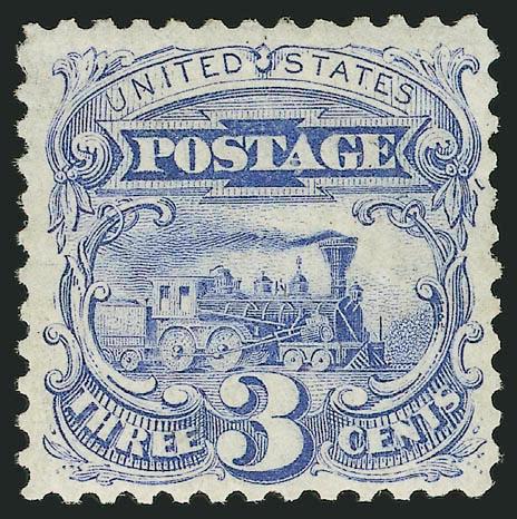 3c Blue, Re-Issue (125).> Original gum (slightly browned on bottom half), precise centering, beautiful shade and proof-like impression, bright and fresh<><>^EXTREMELY FINE. A VERY RARE SOUND AND
BEAUTIFULLY-CENTERED ORIGINAL-GUM 3-CENT 1869 RE-ISSU