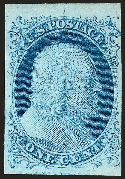1c Blue, Ty. Ib (5A).> Position 9R1E, unused (no gum), large margins to clear incl. <sheet margin at top,> brilliant color, faint corner crease at top right, light diagonal crease at top, faint vertical scoring
line at left entirely in margin<><>^E