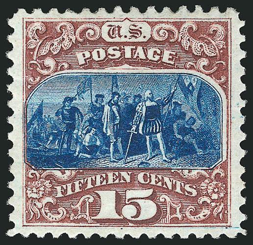 15c Brown & Blue, Re-Issue (129).> Original gum, lightly hinged, deep rich colors and proof-like impressions, well-balanced margins<><>^EXTREMELY FINE ORIGINAL-GUM EXAMPLE OF THE 15-CENT 1869 PICTORIAL
RE-ISSUE.^<><>With 1998 P.F. certificate