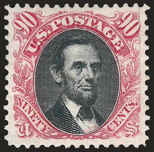90c Carmine & Black, Re-Issue (132).> Original gum, deep rich colors and detailed impressions which seem to pop off of the bright paper, unusually choice centering with wide and balanced margins, long and full
perforations all around<><>^EXTREMEL