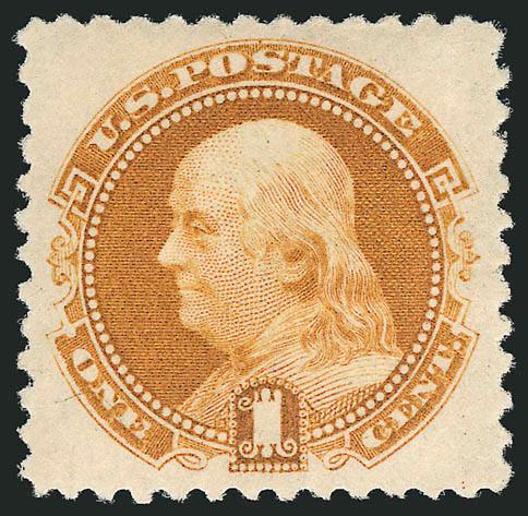 1c Buff, 1880 Re-Issue (133).> Original gum, pretty shade, beautiful centering, Extremely Fine Gem, a superb stamp, with 2006 P.S.E. certificate (XF-Superb 95 SMQ $1,450.00), aside from a Mint N.H. example
graded 98, this is the highest grade awarde