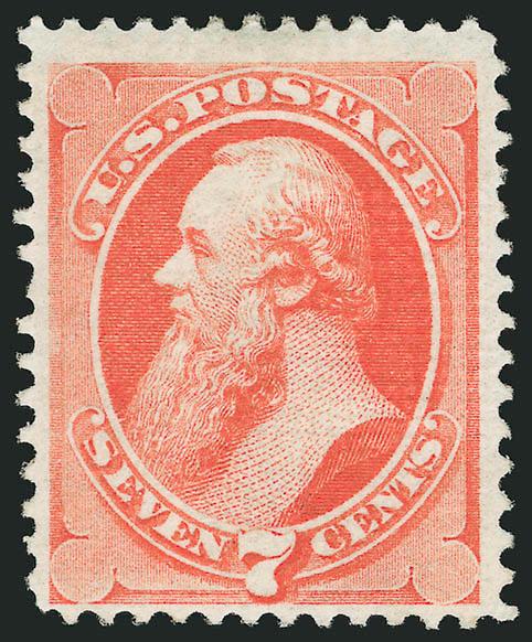 7c Vermilion, Grill (138).> H. Grill, unusually strong grill points clearly visible from front of the stamp, original gum, brilliant color<><>^VERY FINE. A REMARKABLY PRISTINE ORIGINAL-GUM EXAMPLE OF THE 1870
7-CENT NATIONAL BANK NOTE GRILLED ISSUE