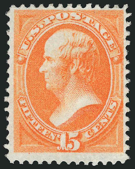 15c Orange, Grill (141).> H. Grill, original gum, brilliant color and impression, grill shows clearly at bottom right<><>^VERY FINE AND CHOICE ORIGINAL-GUM EXAMPLE OF THE 15-CENT 1870 NATIONAL BANK NOTE COMPANY
GRILLED ISSUE -- ONE OF THE MOST ELUS