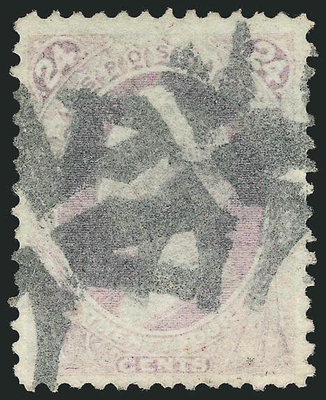 24c Purple, Grill (142).> H. Grill, bright shade, well-balanced margins, bold strikes of <New York Foreign Mail Clothespins> cancel<><>^VERY FINE AND CHOICE. A BEAUTIFUL EXAMPLE OF THE 24-CENT 1870 NATIONAL BANK
NOTE GRILLED ISSUE WITH A NEW YORK