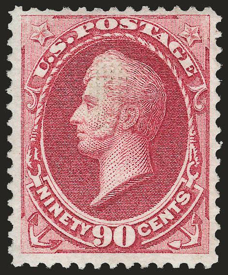 90c Carmine, Grill (144).> H. Grill, original gum, clearly-defined grill points easily visible on face of stamp, deep rich color<><>^VERY FINE AND CHOICE. AN EXTREMELY RARE ORIGINAL-GUM EXAMPLE OF THE 1870
90-CENT GRILLED NATIONAL BANK NOTE ISSUE.