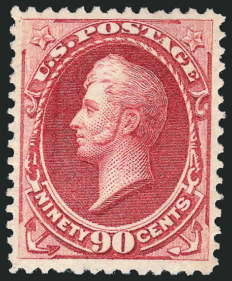 90c Carmine (155).> Original gum, beautiful rich color and detailed impression on post-office fresh paper, choice centering, long and full perforations all around<><>^VERY FINE AND CHOICE. THE 1870 90-CENT
NATIONAL BANK NOTE ISSUE IS RARE IN CHOICE