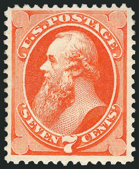 7c Orange Vermilion (160).> Original gum, lightly hinged, deep rich color and sharp impression, choice centering with wide margins<><>^VERY FINE AND CHOICE ORIGINAL-GUM EXAMPLE OF THE 1873 7-CENT CONTINENTAL
BANK NOTE ISSUE.^<><>With 1996 P.F. ce