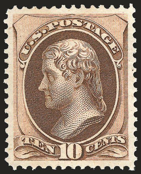 10c Brown (161).> Original gum, lightly hinged, wide and perfectly balanced margins, outstanding deep shade<><>^EXTREMELY FINE GEM. A SUPERB ORIGINAL-GUM EXAMPLE OF THE 10-CENT 1873 CONTINENTAL BANK NOTE COMPANY
ISSUE. THIS STAMP HAS BEEN GRADED SU