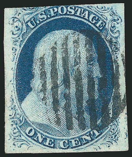 1c Blue, Ty. III, Position 99R2 (8).> Three large margins, in at top, showing this positions characteristic double transfer at top right and break in bottom line, nice color on bright paper, bold strike of grid
cancel, tiny thin speck at top not men