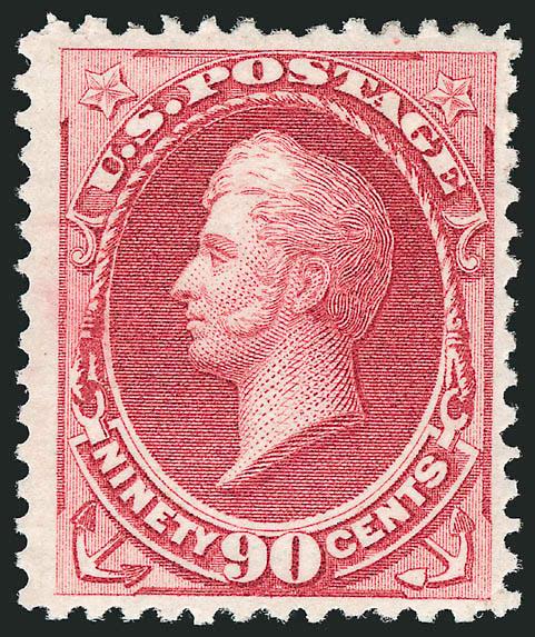 90c Rose Carmine (166).> Original gum, brilliant color on crisp paper, slightly irregular perfs at top not mentioned on accompanying certificate<><>^VERY FINE ORIGINAL-GUM EXAMPLE OF THE 90-CENT 1873 CONTINENTAL
BANK NOTE COMPANY ISSUE.^<><>With
