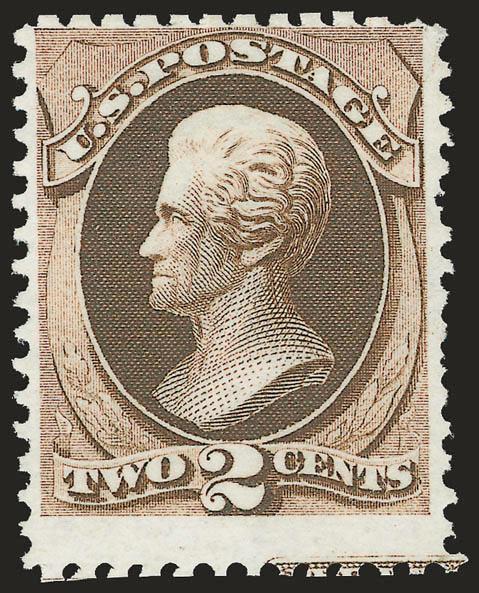 2c Dark Brown, Special Printing (168).> Without gum as issued, trace of captured imprint at bottom, deep shade and proof-like impression, without scissors-trimmed perfs (a few short or nibbed)<><>^FINE AND
ATTRACTIVE EXAMPLE OF THE 1875 2-CENT CONT