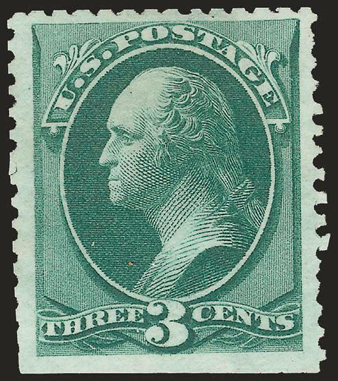 3c Blue Green, Special Printing (169).> Without gum as issued, dark color on fresh paper, wide margins, scissors-separated leaving full and almost intact perforations on three sides<><>^EXTREMELY FINE. LESS THAN
40 OF THE 1875 3-CENT CONTINENTAL SP