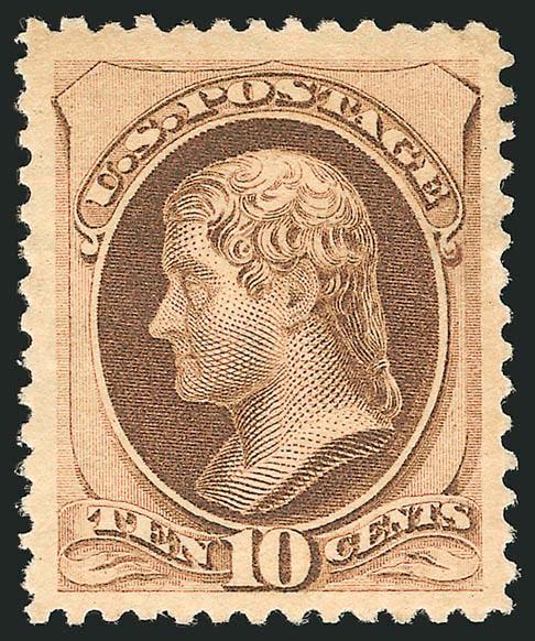 10c Brown, With Secret Mark (188).> Original gum, lightly hinged, Jumbo margins all around, deep rich color and proof-like impression<><>^EXTREMELY FINE GEM. THE 10-CENT 1879 AMERICAN BANK NOTE ISSUE IS RARELY
SEEN WITH SUCH UNIFORMLY WIDE MARGINS.