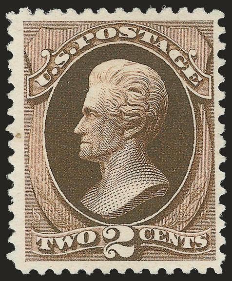2c Black Brown, Special Printing (193).> Without gum as issued, deep rich color, wide margins, trivial natural inclusion in left margin at center<><>^VERY FINE AND CHOICE EXAMPLE OF THE 2-CENT 1880 AMERICAN BANK
NOTE SPECIAL PRINTING. SCARCE WITH S