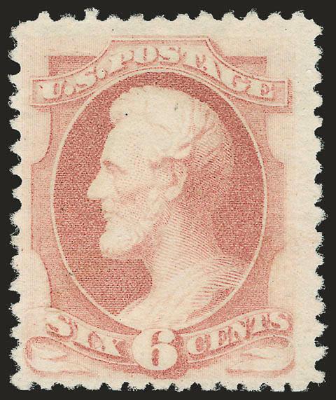 6c Dull Rose, Special Printing (195).> Without gum as issued, fresh and bright color, wide margins<><>^VERY FINE AND CHOICE EXAMPLE OF THE 6-CENT 1880 AMERICAN BANK NOTE COMPANY SPECIAL PRINTING. LESS THAN 30
ARE BELIEVED TO EXIST.^<><>Our revise