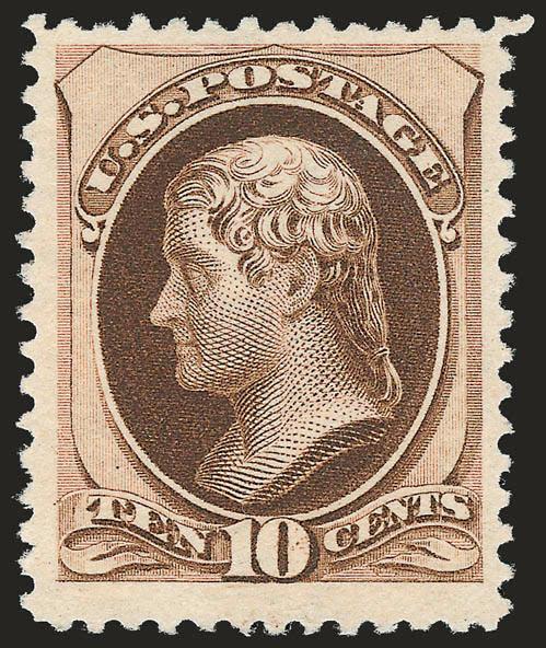 10c Deep Brown, Special Printing (197).> Without gum as issued, deep rich color and sharp proof-like impression, beautiful centering with wide margins<><>^VERY FINE AND CHOICE. A MAGNIFICENT EXAMPLE OF THE
EXCEEDINGLY RARE 10-CENT 1880 AMERICAN BAN