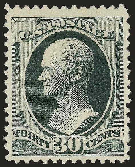 30c Greenish Black, Special Printing (201).> Without gum as issued, stitch watermark at right, rich color on crisp paper, wide margins<><>^EXTREMELY FINE. A SUPERB EXAMPLE OF THE 1880 30-CENT AMERICAN BANK NOTE
COMPANY SPECIAL PRINTING. RANKED BY C