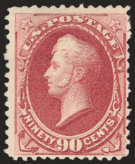 90c Dull Carmine, Special Printing (202).> Without gum as issued, bright color<><>^FINE AND RARE. APPROXIMATELY 40 EXAMPLES OF THE 90-CENT 1880 AMERICAN BANK NOTE COMPANY SPECIAL PRINTINGS ARE KNOWN TO
EXIST.^<><>The 90c 1880 Special Printing on