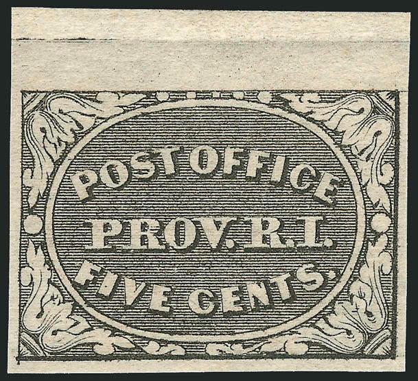 Providence R.I., 5c Gray Black (10X1).> Position 2, <Mint N.H.,> large margins incl. <sheet margin at top,> detailed impression, fresh and Extremely Fine, with 2000 P.F. certificate, Scott Retail as
hinged