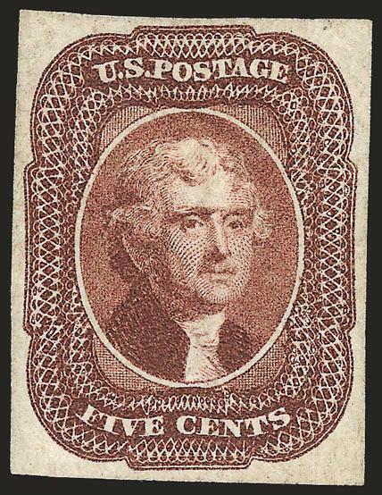 5c Red Brown (12).> Large even margins all around, part original gum, bright color and detailed impression<><>^EXTREMELY FINE. A RARE SOUND AND FULL-MARGINED PART ORIGINAL-GUM EXAMPLE OF THE 5-CENT 1856
ISSUE.^<><>Sound, original-gum examples of