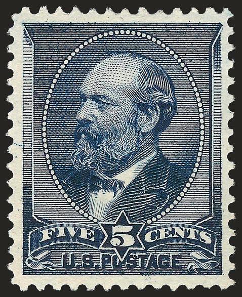 5c Indigo (216).> Mint N.H., stunning color nicely contrasted by bright paper, unusually choice centering with wide and balanced margins<><>^EXTREMELY FINE. A BEAUTIFUL MINT NEVER-HINGED EXAMPLE OF THE 1888
5-CENT GARFIELD, SCOTT 216.^<><>With 20