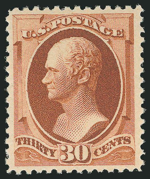 30c Orange Brown (217).> Mint N.H., deep rich color on fresh white paper, choice centering, full perforations all around<><>^EXTREMELY FINE. A BEAUTIFUL MINT NEVER-HINGED EXAMPLE OF THE 1888 30-CENT AMERICAN
BANK NOTE COMPANY ISSUE^<><>With 2000