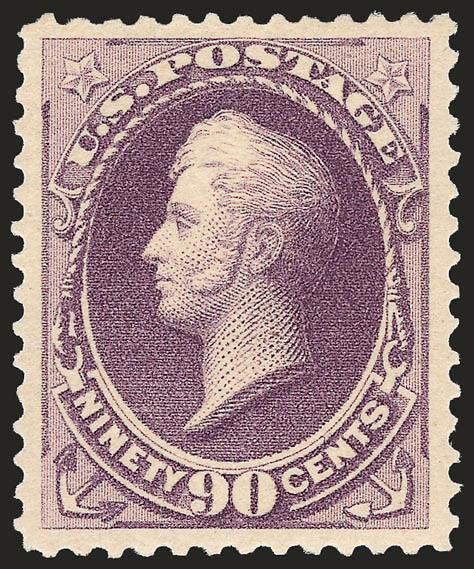90c Purple (218).> Mint N.H., deep rich color and proof-like impression, gorgeous centering with unusually wide and balanced margins<><>^EXTREMELY FINE GEM. A SUPERB MINT NEVER-HINGED EXAMPLE OF THE 90-CENT 1888
AMERICAN BANK NOTE COMPANY ISSUE, WH
