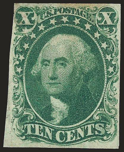 10c Green, Ty. IV (16).> Position 55L1, recut at bottom, traces of original gum, large margins to clear, rich color, expertly repaired in left margin, some toning at top<><>^FINE APPEARANCE. A RARE UNUSED EXAMPLE
OF THE 1855 10-CENT TYPE IV WITH OR